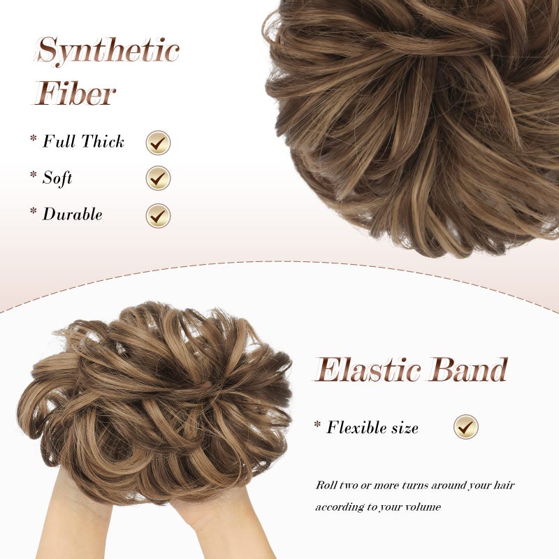 FESHFEN Messy Bun Hair Piece - Elastic Wavy Curly Hair Bun Scrunchies Extensions Synthetic Chignon Hairpieces for Women Girls, Brown Mixed Honey Blonde 1.5 oz - Image 4